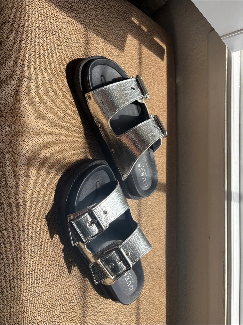 GUESS Silver Double Buckle Slide Sandals